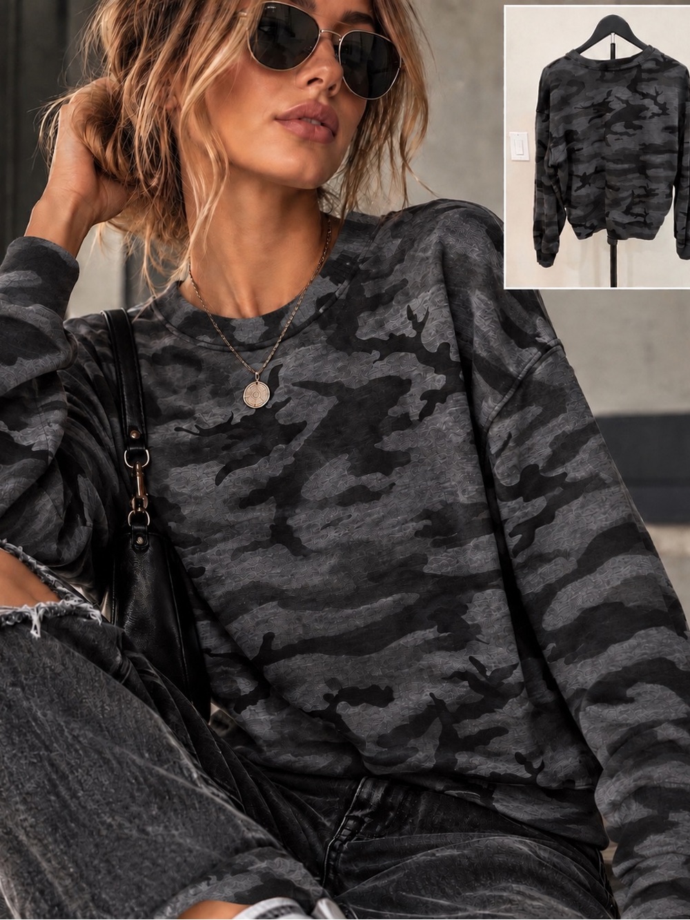 Rails Black & Charcoal Camo Crewneck Sweatshirt Model off Duty